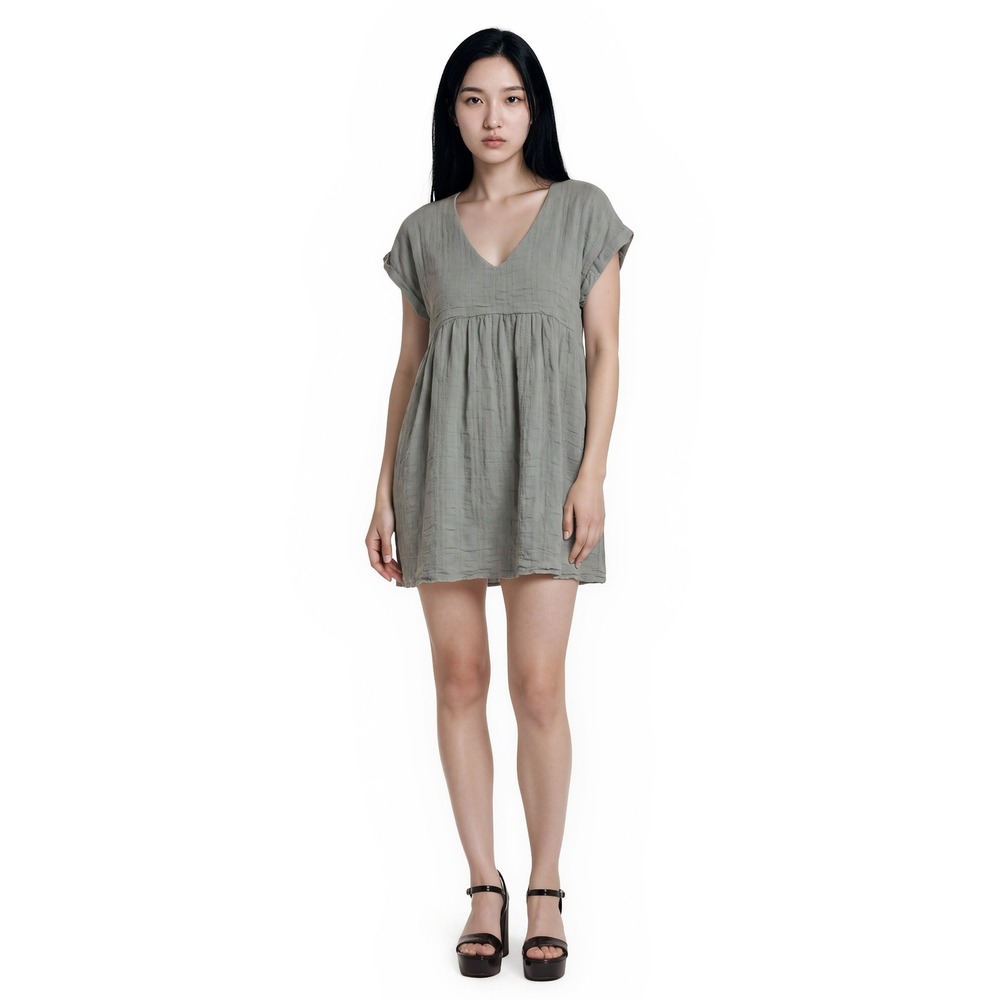 Hem & Thread Babydoll Mini‎ Dress Women's Size Medium Sage Green Textured Stripe